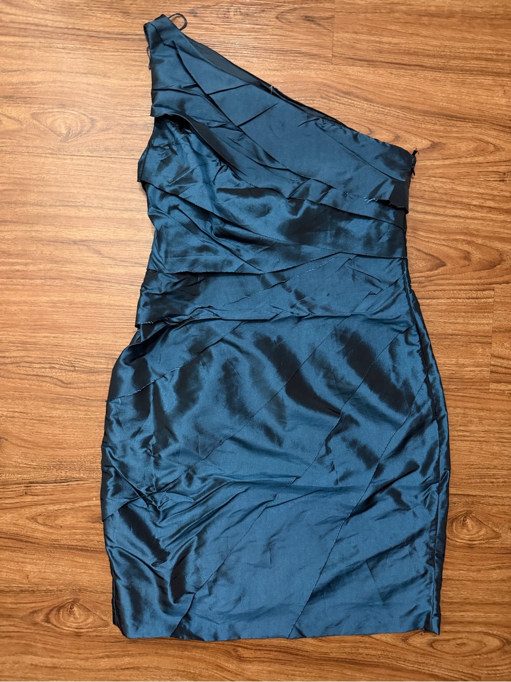 London Times One-Shoulder Teal Blue Satin Cocktail Dress